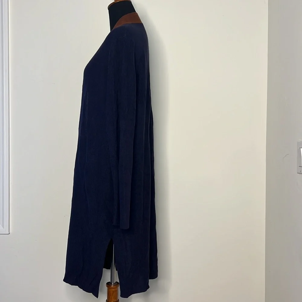 EILEEN FISHER Navy Blue Brown Trim Tencel Silk Knit Open Long Cardigan L - Picture 8 of 9